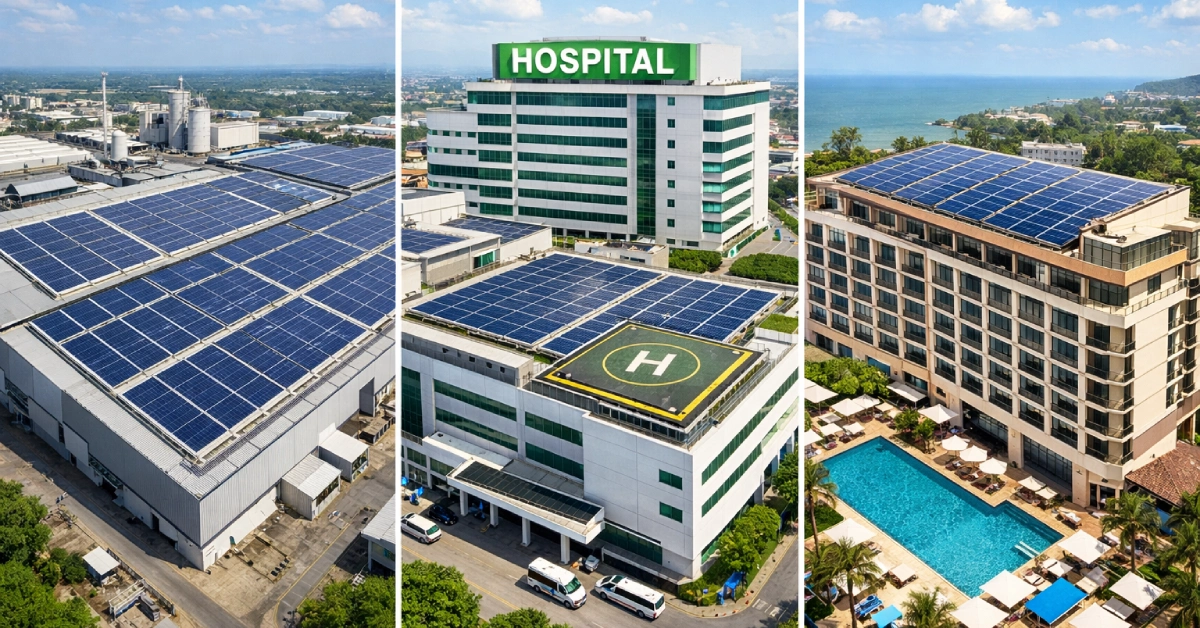โซล่าเซลล์ขนาดใหญ่ สำหรับโรงงาน โรงแรม โรงพยาบาล ต้องใช้กี่กิโลวัตต์?